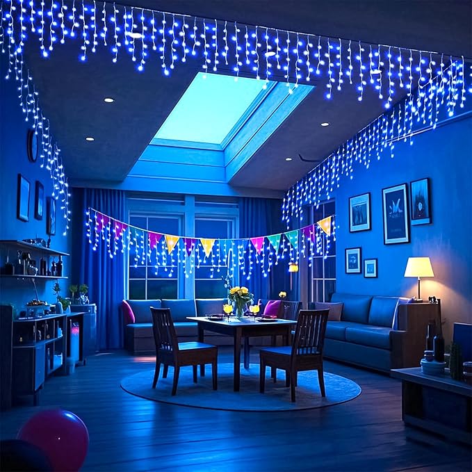 99ft Blue Christmas Lights Outdoor, 1216 LED Icicle Lights for Outside House with Clear Wire 8 Modes Timer, Plug in Waterproof for Home Holiday Eaves Yard Party Tree Room Wall Indoor Decoration