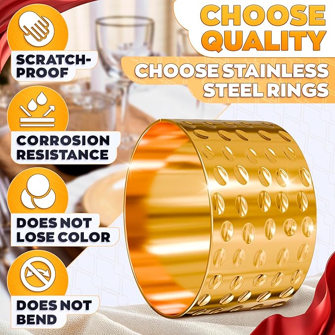 Hammered Gold Napkin Rings Set of 8 – Elegant Design | Durable Metal | 1.8" x 1.1" Sturdy Holders for Weddings, Holiday Dinners, and Formal Events, Adding a Luxurious Touch to Any Table Setting