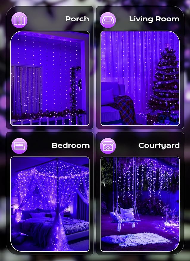 Brightown 300 LED Purple Fairy Curtain Lights, 9.8ft x 9.8ft Curtain String Lights, USB Plug in 8 Lighting Modes LED Christmas String Hanging Lights with Remote for Bedroom Indoor Outdoor Weddings