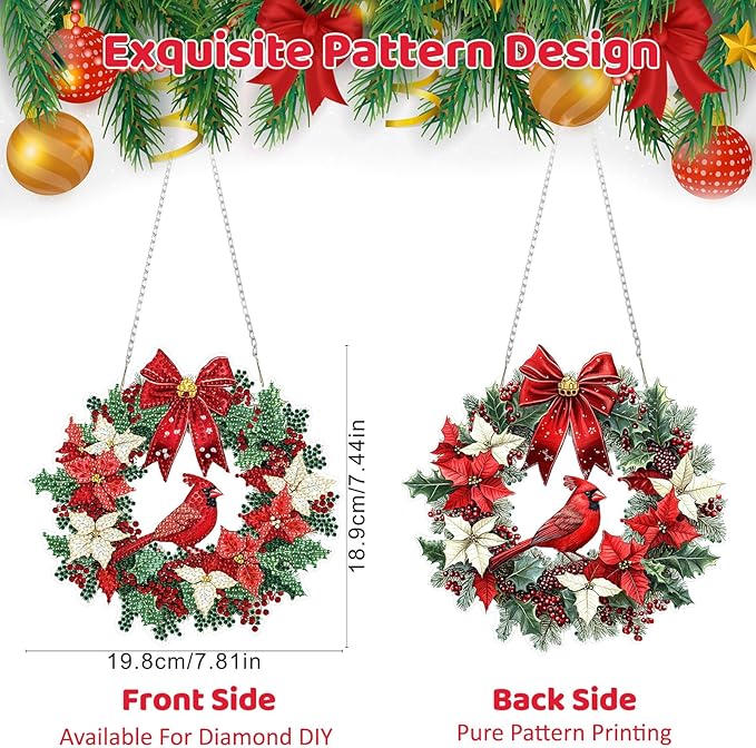 MEIYUDA Christmas Diamond Art Hanging Kits for Adult, Cardinal Wreath Diamond Painting Hanging Kits Ornaments, DIY Special Shaped Rhinestone Window Pendants kit for Home Garden Wall Decor Gift