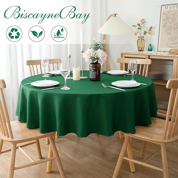 Biscaynebay Round Christmas Tablecloths 60" for Round Tables diameters from 28" to 48", Hunter Green Fabric Water Resistant Folding Table Covers Washable for Dining, Kitchen, Wedding, Parties