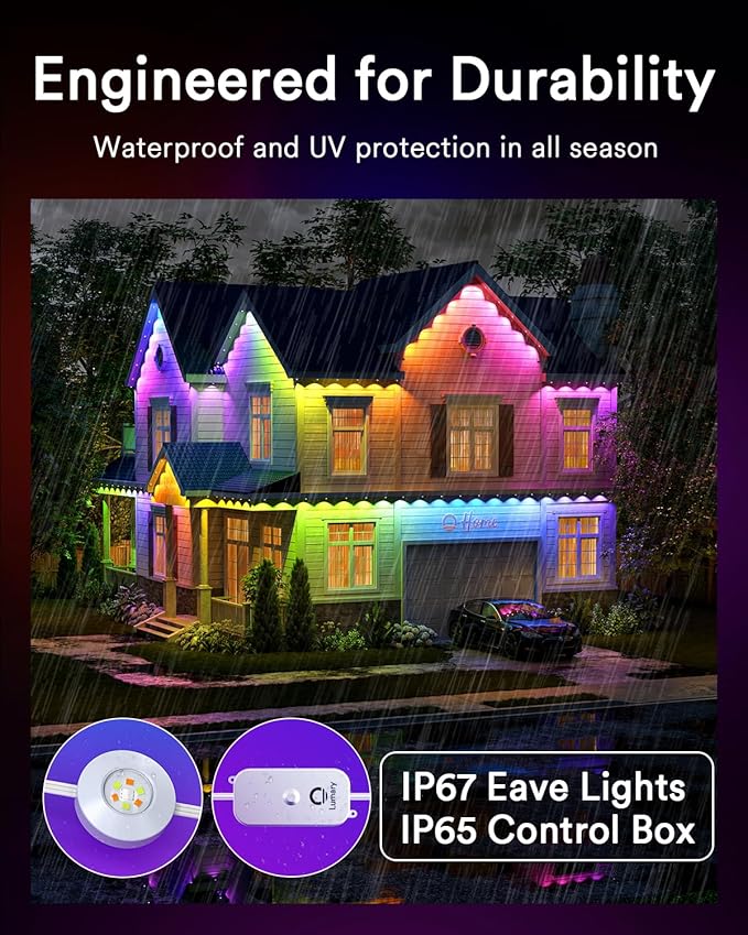 Lumary Permanent Outdoor Lights Pro 158ft for House, 120LED 50lm RGBAICW Smart Eave Lights, IP67 Waterproof, Multi Scenes for Daily and Holiday Accent Lighting Decor, Work with Alexa, Google, Remote