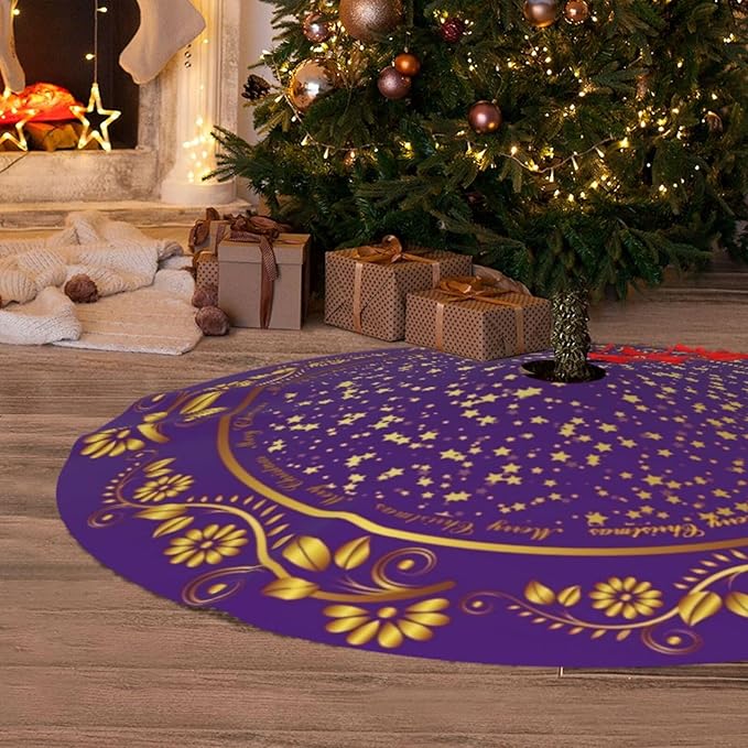 48" Large Christmas Tree Skirt, Elegant Modern Purple Gold Pattern Tree Mat Base Cover for Xmas Festive Holiday Party Decoration Ornaments