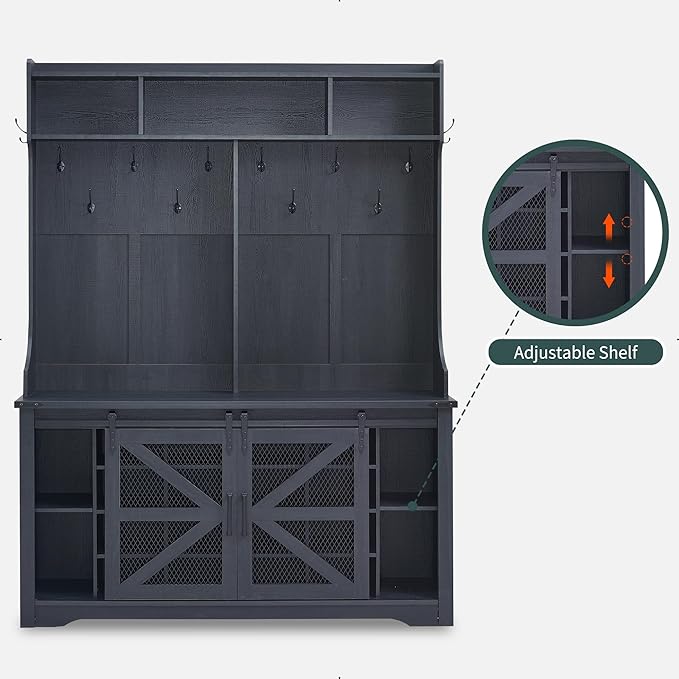 JXQTLINGMU 59" Farmhouse Hall Tree with Shoe Storage, Entryway Bench with 20 Cubbies, 12 Hooks & Sliding Barn Doors, Mudroom Coat Rack Cabinet, Black