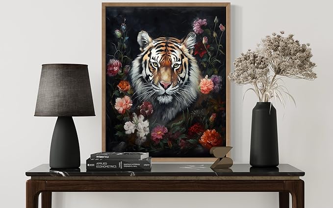 Tiger and Flower Poster Art Print, Halloween Scary Vintage Wall Art Academia Spooky Painting Decoration for Horror Prints, Gothic Posters Bedroom Decor 89 (Tiger and Flower, 8 x 10 inches, Wood Frame)