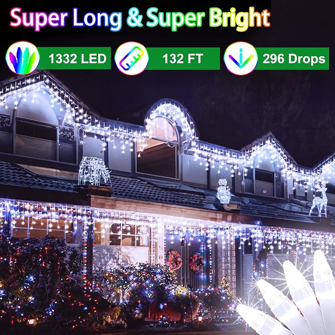132FT 1332 LED Outdoor Christmas Lights - 296 Ice Drops, 12 Pro Modes with Timer Memory & Brightness, Waterproof Hanging Ice String Light for Holiday Wedding Garden Fence House Decor (Cool White)