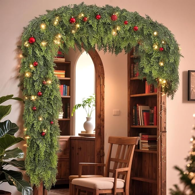 16FT Real Touch Cedar Garland - Artificial Christmas Garland Fake Green Faux Thick and Lush Pine Needles Garlands for Table Fireplace Mantle Holiday Home Indoor Outdoor Decor (1PCS)