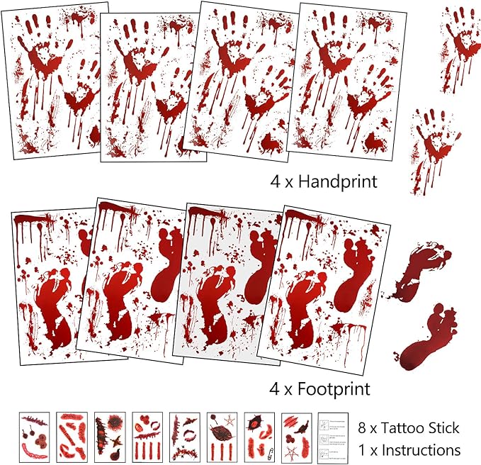 159 PCS Halloween Decorations, 8 Sheets Terror Bloody Handprint Footprint Window Stickers, 8 Sheets Tattoo Stickers, Halloween Party Indoor/Outdoor Decoration,Spooky Wall Decal and Floor Stickers