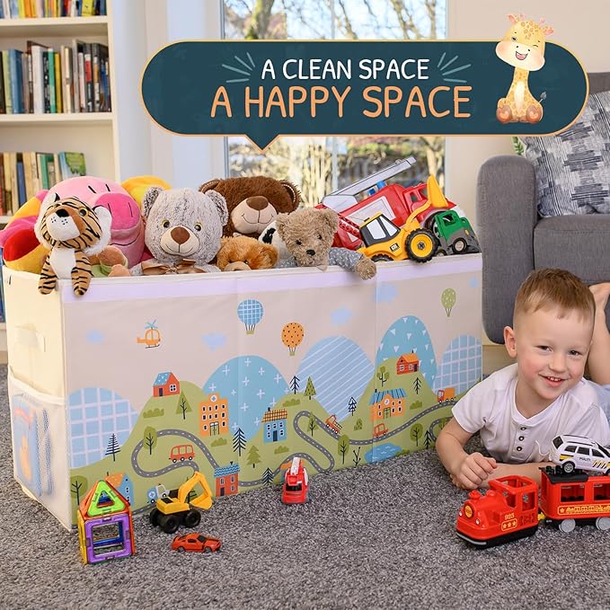Extra Large Toy Storage Organizer with Lid - Sturdy, Collapsible Toy Chest Storage Box with Cute Design - Toys Bin with Dividers for Kids, Boys, Girls, Nursery, Bedroom, Play room 37"x16"x14"