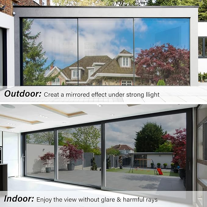 Kromapolis One Way Window Privacy Film Reflective Mirror Home Window Tint, Daytime Privacy Heat Control Anti UV Glass Tinting Static Cling (Silver, 17.5 x 78.7 inch)