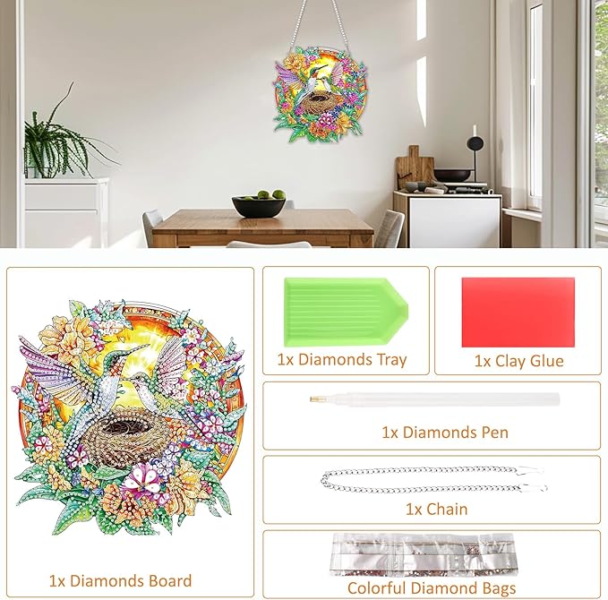 SENQAO Hummingbird Diamond Art Hanging Kit for Adult, Special Shaped Rhinestone, Double Sided DIY Acrylic Diamond Art Painting Window Pendants Home Garden Wall Hanging Kits Hanging Ornament