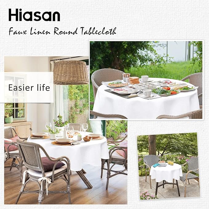 Hiasan Round Linen Table Cover 50 Inch - Wrinkle and Stain Resistant Washable Polyester Fabric Table Cloth for Dining Room Kitchen Party, White