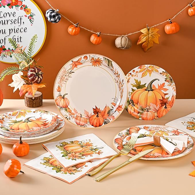 150Pcs Thanksgiving Fall Pumpkin Paper Plates and Napkins Fall Party Supplies Watercolor Pumpkin Maple Disposable Plates Autumn Plates for Fall Decor Thanksgiving Party Supplies,Serve 50 Guests
