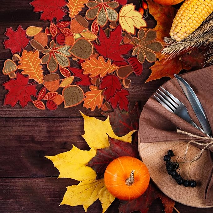 Fall Placemats Set of 6 Thanksgiving Place Mats Fall Autumn Maple Leaf Embroidered Placemats 11 x 17 Inch Thanksgiving Table Place Mats Decorations for Home Dinning Kitchen Autumn Harvest