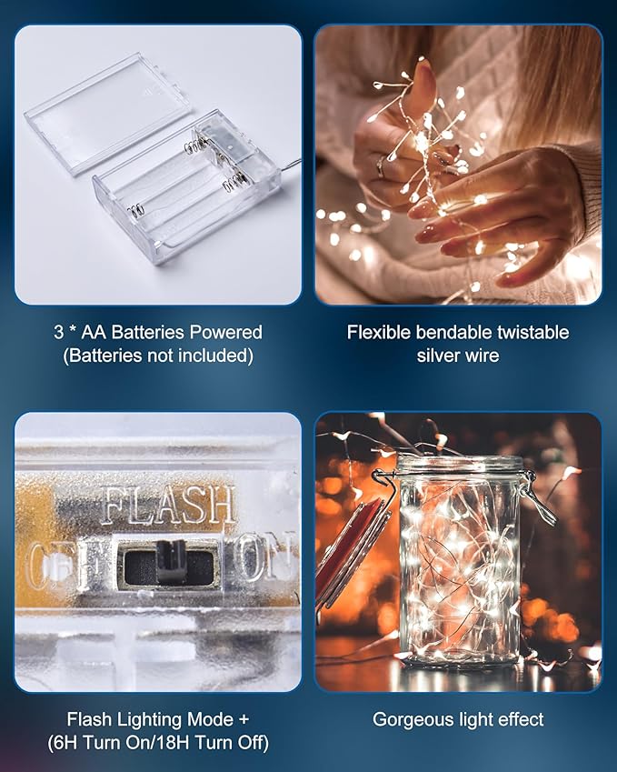 Fairy Lights Battery Operated, Firecracker String Lights Waterproof Silver Wire 5 Feet 60 Led Cluster Starry Lights for DIY Wreath Home Wedding Party Bedroom Mason Jar Holiday Christmas, Pure White