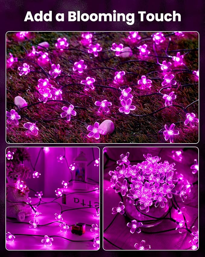 Brightown 60 LED Solar String Lights Flower Outdoor Waterproof Fairy Lights for Garden Yard Fence Patio Christmas Tree Wedding Party Decor, Pink