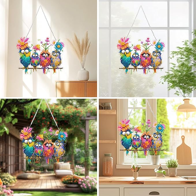 Diamond Art Kit for Adult, 5D Diamond Art Painting Window Pendants Home Garden Wall Hanging Kits Hanging Ornament, DIY Acrylic Double Sided Ornaments (Bird)