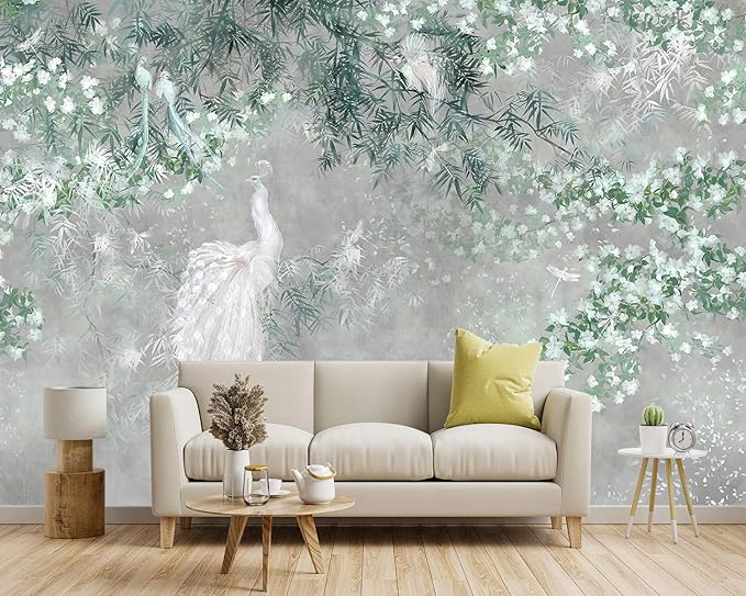 '-Green Leaf Botanical Peacock Fabric Wallpaper Wallpaper Living Room Bedroom Bathroom Grey Plant Large Wall Mural- 137"x96"( not Peel and Stick)