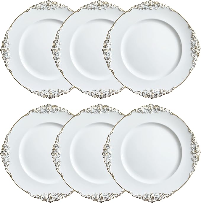 Henilosson white Charger Plates Gold Trim - Antique Plate Chargers for Dinner Plates - Set of 6 Dinner Chargers(6,white)