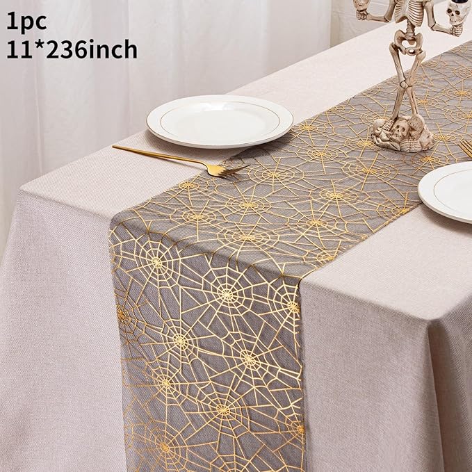 Halloween Spider Web Table Runner Foil Metallic Thin Mesh Runners Gold Spider Web Table Runners for Tables Kitchen Dining Decorations Party Supplies 11*108"