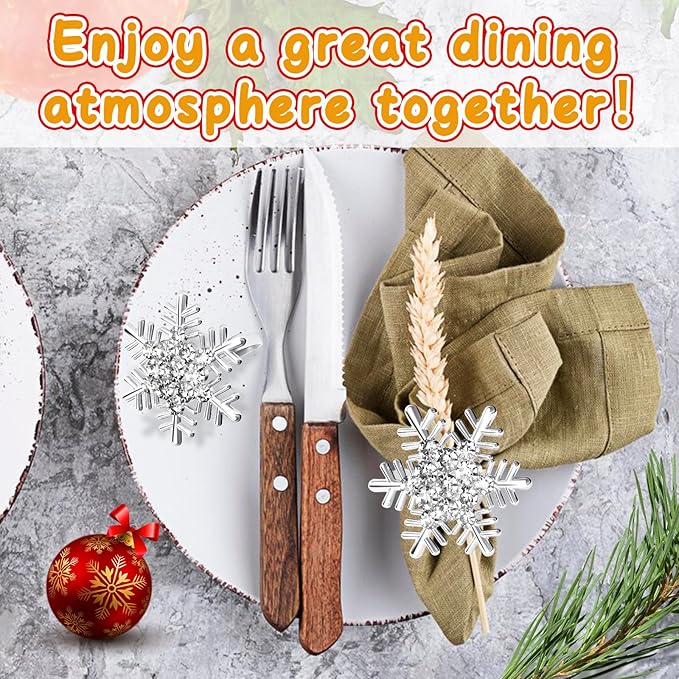 Halatool Set of 8 Christmas Napkin Rings Silver Snowflake with White Rhinestone Napkin Holder for Christmas Thanksgiving Holiday Party Table Decoration