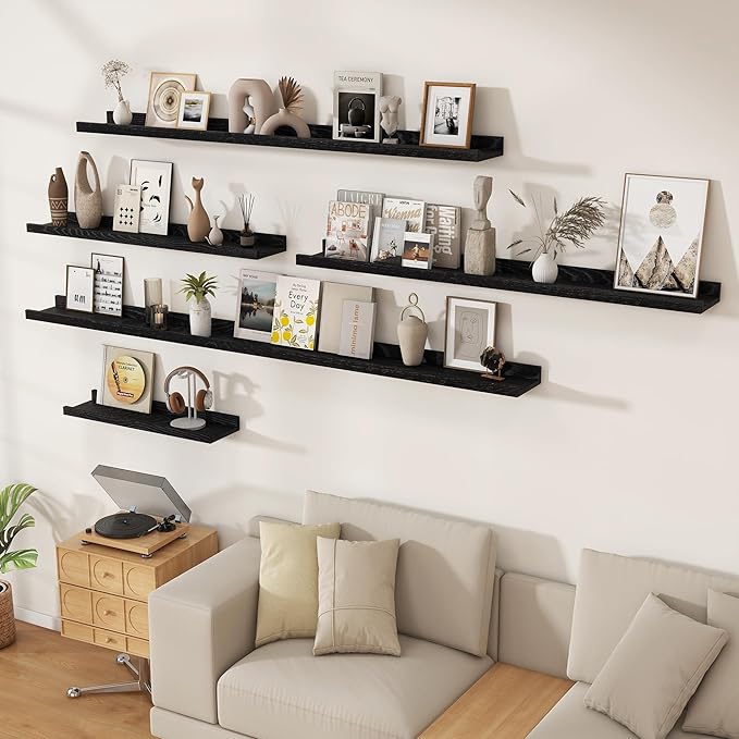 Floating Picture Ledge Shelves 36 Inch Solid Oak Wood Set of 2, Rustic Wall Storage Shelves with Lip, Kids Bookshelf, Photo & Picture Ledge Shelves for Bedroom, Living Room, Kitchen