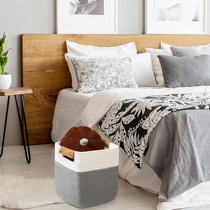 danpinera 3 Pack 11"x11" Woven Basket for Organizing, Square Storage Baskets for Pillows, Towels, Toy, Clothes, Magazines, Decorative Storage Cubes for Bedroom, Living Room, Classroom, Grey