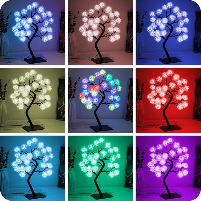 18 Colors Rose Tree Lamp - Multicolor LED Rose Flower Night Light Pink Flower Lamp Rose Lamp Tabletop Bonsai Tree for Wedding Valentine's Day Decorations Wedding Girls Party Bedroom