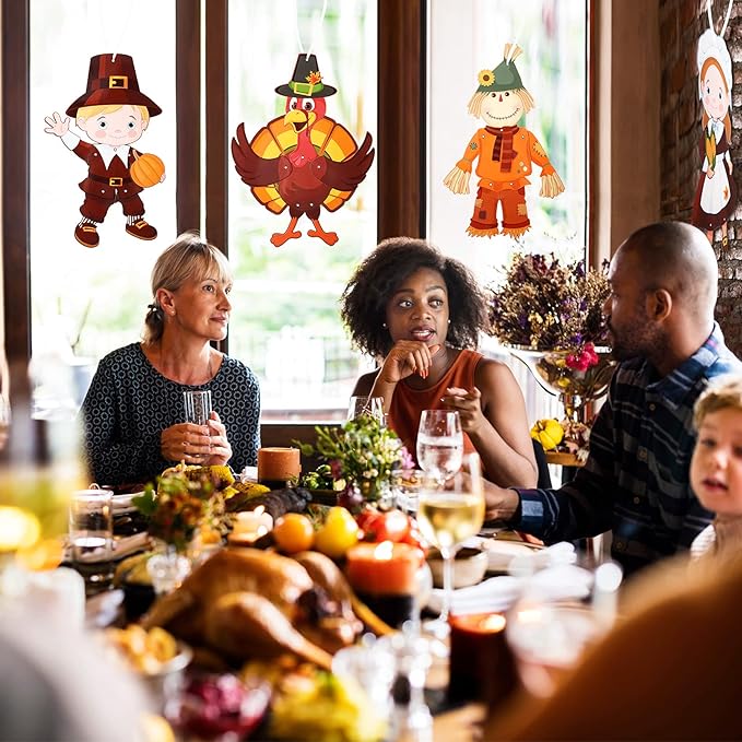 4 Pcs Thanksgiving Fall Harvest Decorations 18 in Turkey Scarecrow Wall Window Home Door Decoration Autumn Hanging Ornament Cutouts Thanksgiving Sign Jointed Figures Pilgrim Decor with Ribbon