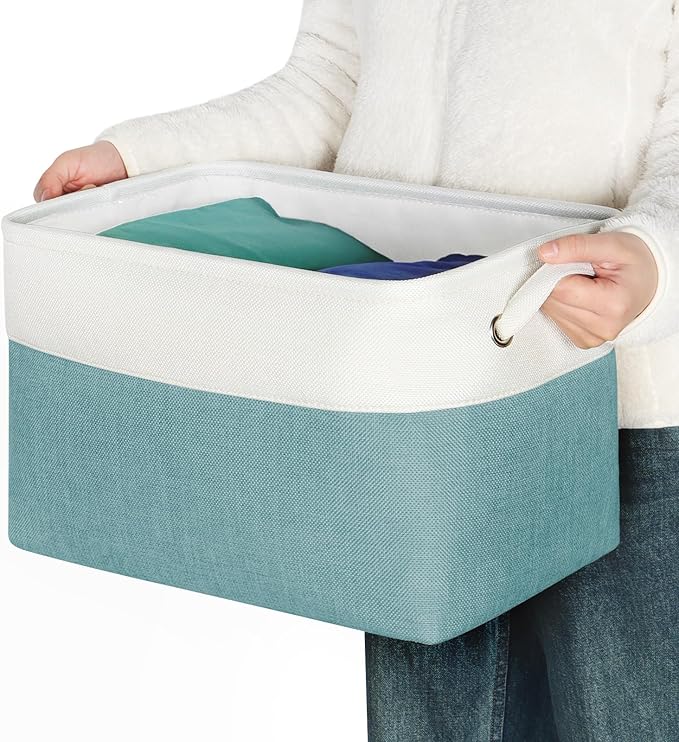 Kntiwiwo Foldable Storage Bins 15" x 10" x 9.5" Fabric Storage Basket Cube with Handles Large Linen Closet Organizer Bins for Organizing Shelf Home, Set of 3, Teal