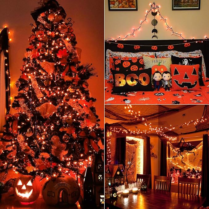 BrizLabs Orange Halloween Lights, 33ft 100 LED Battery Halloween Lights, 8 Modes Orange String Light with Timer, Indoor Outdoor Battery Light String for Party Xmas Thanksgiving Bedroom Patio Decor