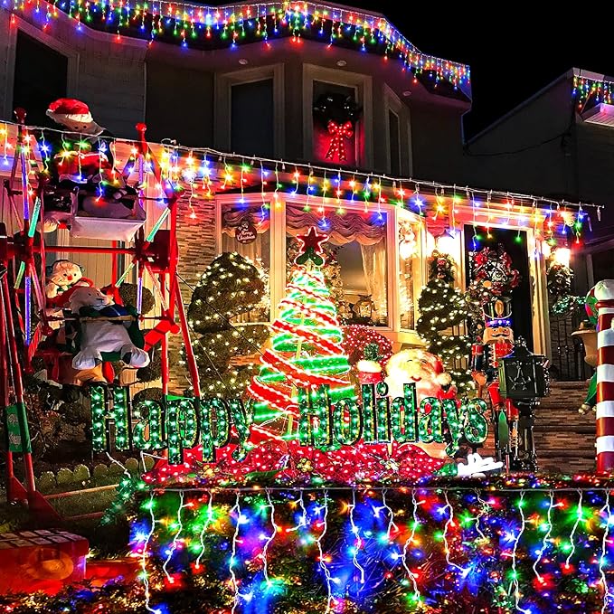 99ft Colored Christmas Lights Outdoor, 1216 LED Icicle Lights for Outside House with Clear Wire 8 Modes Timer, Plug in Waterproof for Home Holiday Eaves Yard Party Tree Room Wall Indoor Decoration