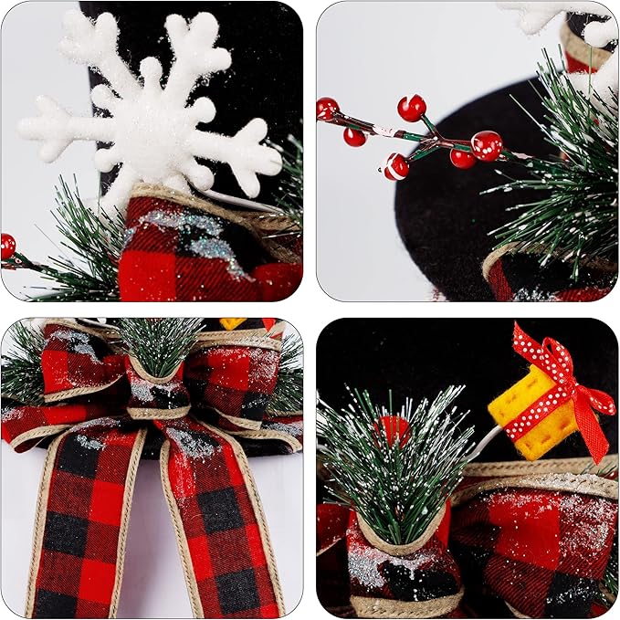 yofit Christmas Tree Topper Hat, Black Velvet Hat with Red Buffalo Plaid Bow Red Berry Snowflake, Christmas Tree Decorations Top Hat, Desktop Ornaments for Home Holiday Winter Decor
