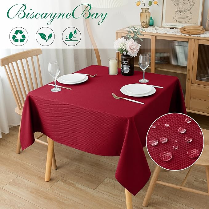 Biscaynebay Textured Fabric Christmas Square Table Cloth 60x60 Inch, Red Water Resistant Spill Proof Tablecloths for Dining, Kitchen, Wedding and Parties, Machine Washable