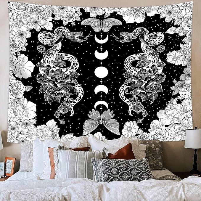 dueeia Moon Phase Witchy Tapestry Wall Hanging Snake Witch Occult Black and White Dark Tapestries for Bedroom Aesthetic Living Room Wall Decor (28.7"x37.4")