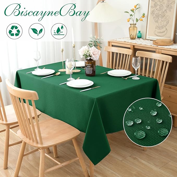 Biscaynebay Textured Fabric Christmas Rectangle Table Cloth 52x70 Inches, Hunter Green Water Resistant Spill Proof Tablecloths for Dining, Kitchen, Wedding and Parties, etc. Machine Washable