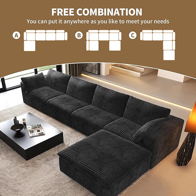 157.5" L Shaped Modern Sofa Modular Sectional Cloud Couch with Ottoman,Deep Seat Upholstered Couches with Corduroy Fabric for Living Room Furniture,Bedroom and Apartment,No Assembly Required,Black