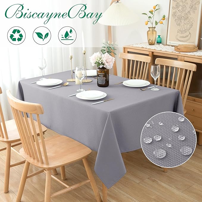 Biscaynebay Textured Fabric Tablecloths 70x108 Inches Rectangular, Silver Grey Water Resistant Spill Proof Tablecloths for Dining, Kitchen, Wedding and Parties, Machine Washable