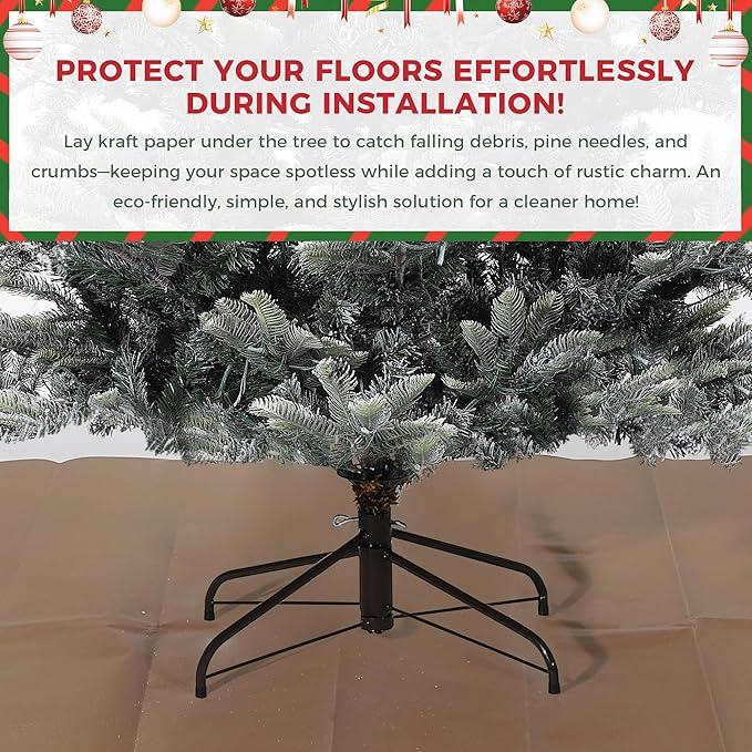 GarveeHome 6.5 FT Lighted Aspen Fir Christmas Tree,Flocked Green Artificial Christmas Tree with Warm White & Twinkle Lights for Indoor,Outdoor, Holiday Décor, Metal Hinges, Foldable Base