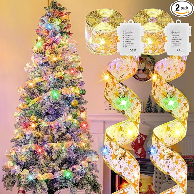 2 Pack Christmas Tree String Lights - 33ft 100 LED Battery Powered Fairy Lights with Timer and 8 Lighting Modes, Gold Ribbon Bows Lights for 6ft - 8ft Christmas Tree Decor, Multi-color