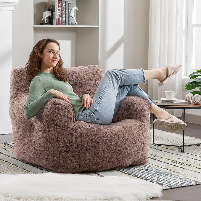 Recaceik Bean Bag Chairs, Tufted Soft Stuffed Bean Bag Chair with Filler, Fluffy Lazy Sofa Chair Lounger, Comfy Giant Bean Bag Chair for Bedroom, Living Room, Brown