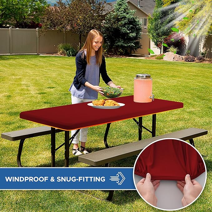 Fitted Tablecloth for 8 Foot Rectangle Tables-4 Pack Red Elastic Outdoor Picnic Table Cover-Spandex Stretch Folding Table Cloths 8ft for Camping Dining Room Patio Kitchen Banquet Party