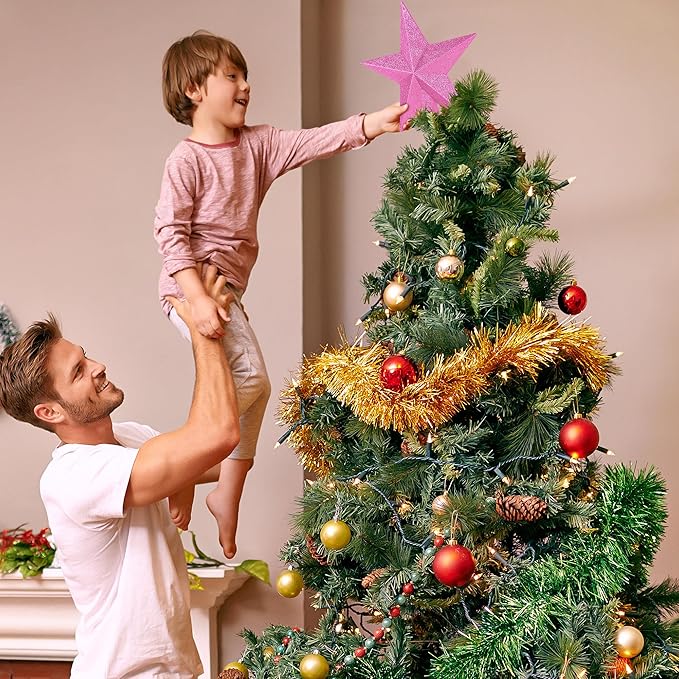 Christmas Tree Decoration, 8" Pink Christmas Tree Topper Star Accessories, Xmas Glitter 3D Bethlehem Tree Ornament, Waterproof Holiday Christmas Tree Topper Star Decorations for Home Indoor Outdoor