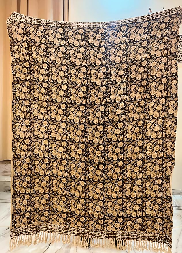Handmade Cotton Throw Blanket 48x70 Inches | Black & Beige Floral Block Print Decorative Sofa Throw with Tassels | Large Lightweight Cotton Bedspread for Living Room, Couch, or Bedroom
