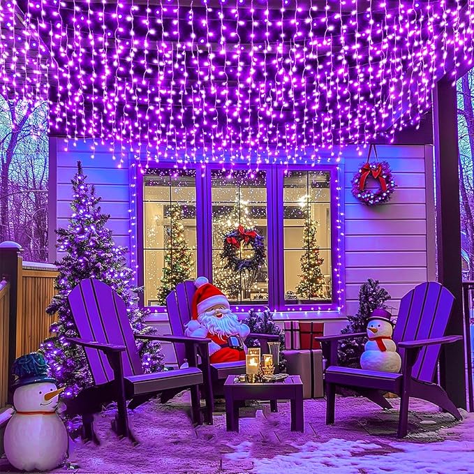 33ft Purple Halloween Lights Outdoor Indoor, 400 LED Icicle Lights for Outside Twinkle Christmas Lights with 75 Drops Clear Wire Timer 8 Modes for House Party Tree Yard Patio Eaves Holiday Decoration