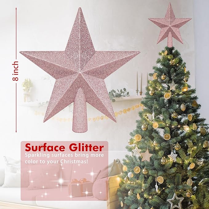 Tree Topper Star, 8" Rose Gold Christmas Star Tree Topper Accessories, Xmas Glitter 3D Bethlehem Tree Topper Ornament, Waterproof Holiday Christmas Tree Topper Star Decor for Home Indoor Outdoor