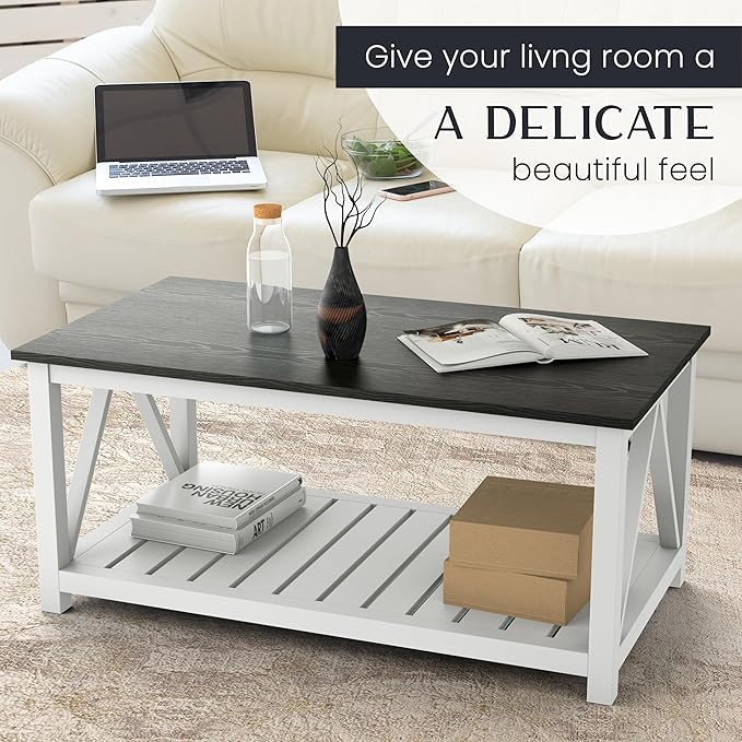 40" Farmhouse Coffee Table | Vintage Rustic Wooden Coffee Table with Lower Shelf for Living Room, Dorm, Office, Bedroom Center Table - Black