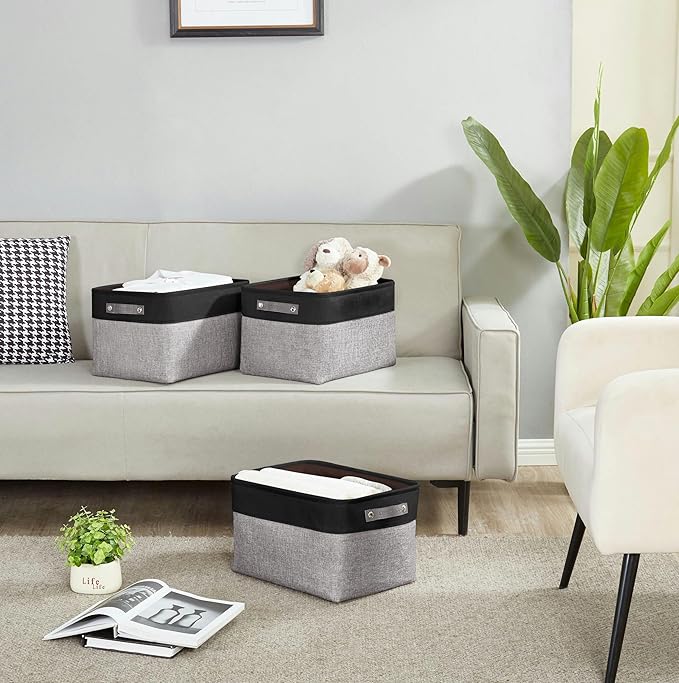 DECOMOMO Storage Baskets for Shelves - Fabric Closet Organizers and Storage Bins, Perfect Baskets for Organizing Closet Toys Nursery (Grey and Black, Large - 4 Pack)