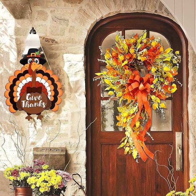 Thanksgiving Decoration Wooden Turkey Pumpkin Door Wreath for Front Door Sign Wall Signs, Thankful Blessed Grateful Pumpkin Sign Hanging for Fall Autumn Harvest Home Halloween Decoration