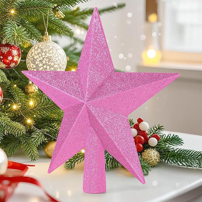 Christmas Tree Decoration, 8" Pink Christmas Tree Topper Star Accessories, Xmas Glitter 3D Bethlehem Tree Ornament, Waterproof Holiday Christmas Tree Topper Star Decorations for Home Indoor Outdoor